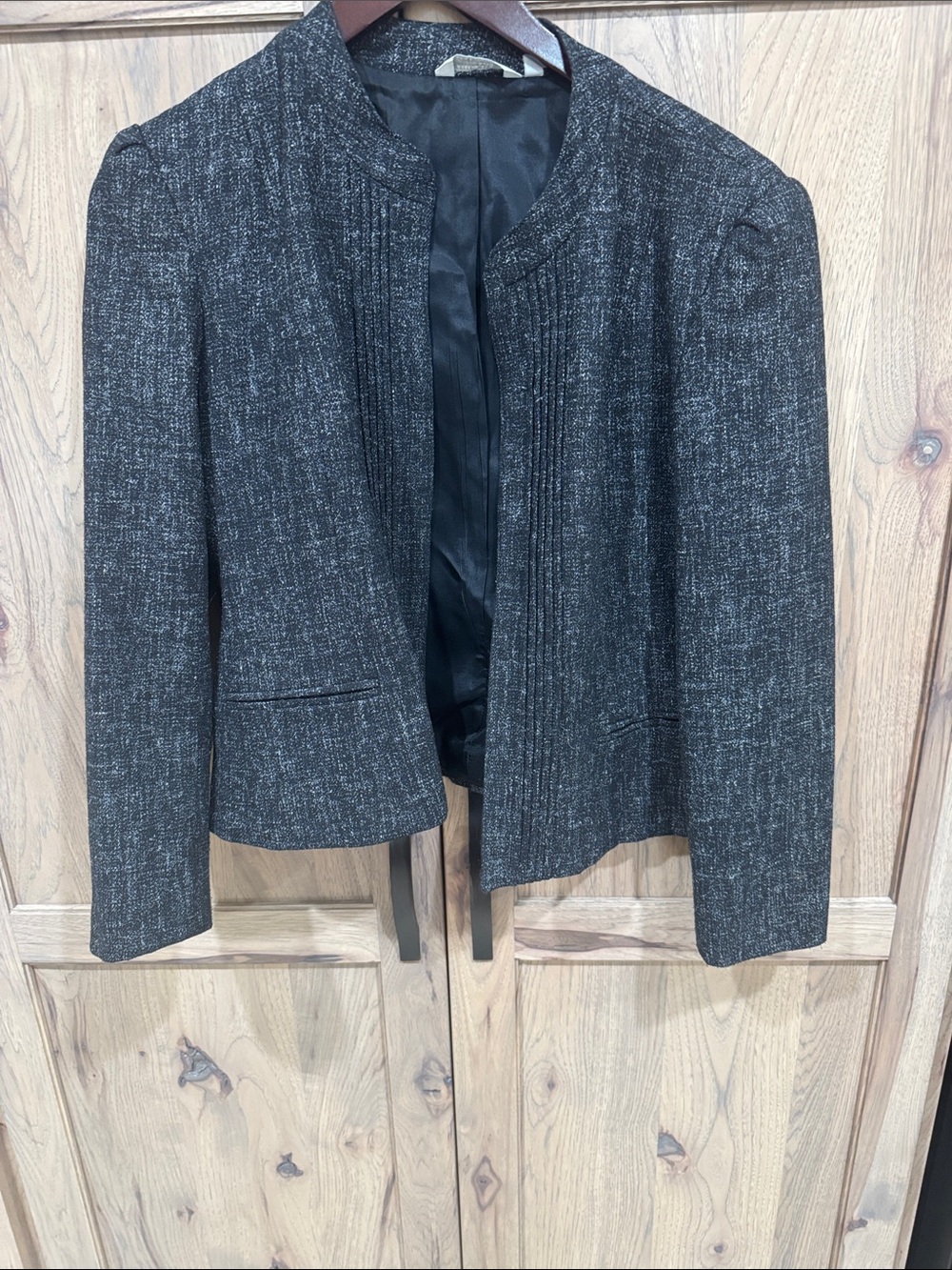 Women's Black Tweed Open-Front Collarless Jacket